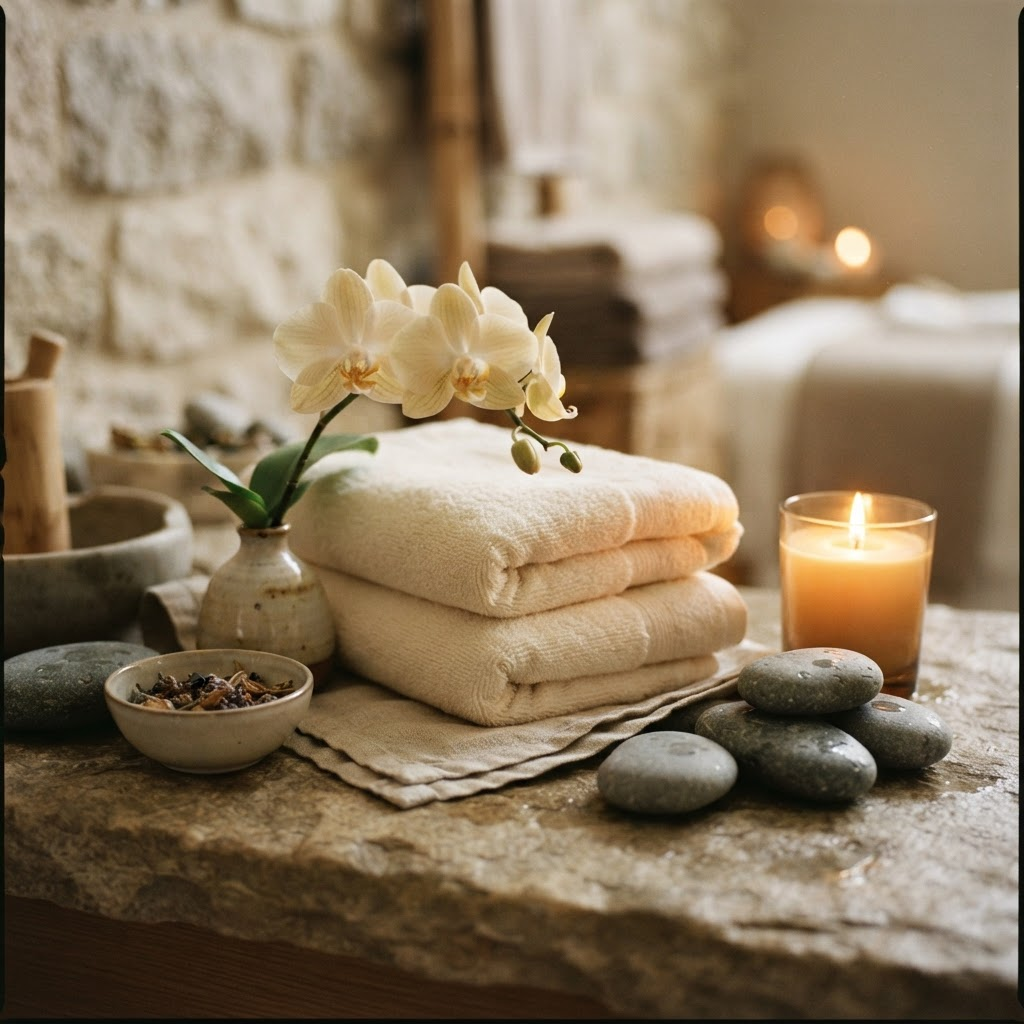 Decorative detail with towels, orchid and candle