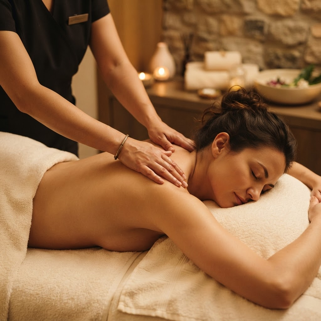 Relaxing oil massage in a calm treatment room at Afrodita Centro, Barcelona
